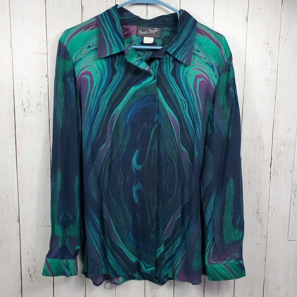Vintage Bonnie Boynton Button Up Blouse Women's Large Rayon Collared Watercolor